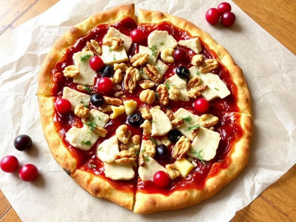 Праздничная пицца с индейкой, клюквенным соусом и орехами: изюминка стола без лишних сует