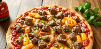 Пицца с говядиной, луком и горчицей: мясной вариант с пикантной ноткой