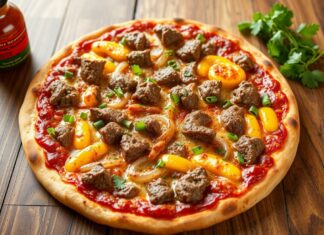 Пицца с говядиной, луком и горчицей: мясной вариант с пикантной ноткой