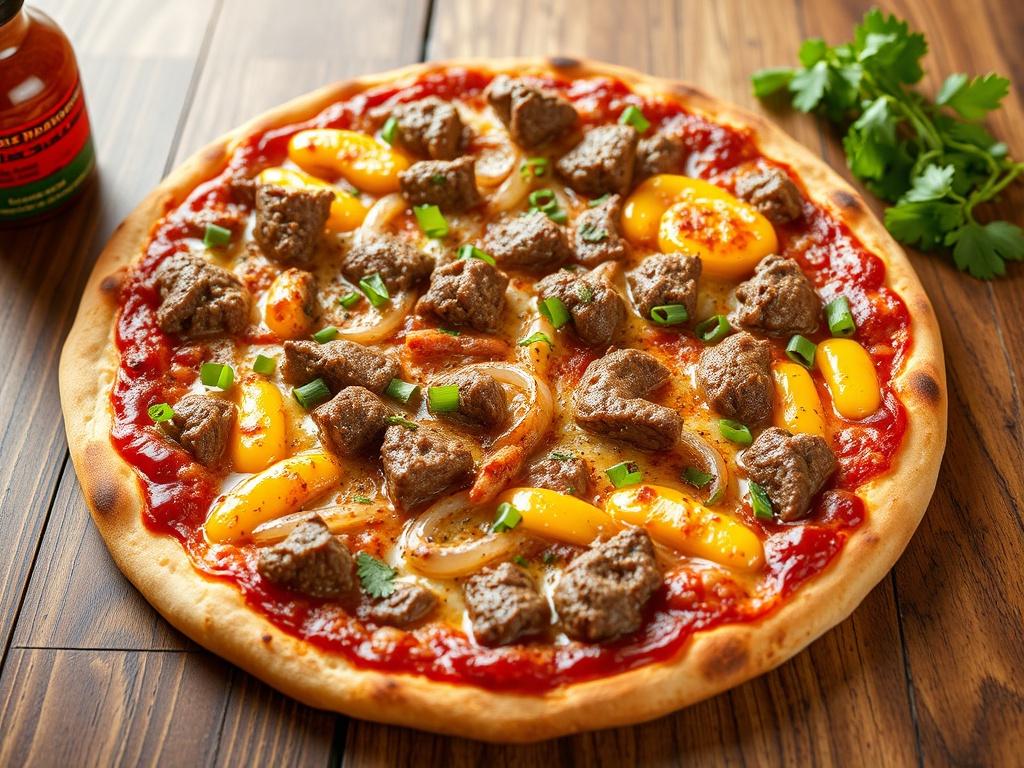 Пицца с говядиной, луком и горчицей: мясной вариант с пикантной ноткой