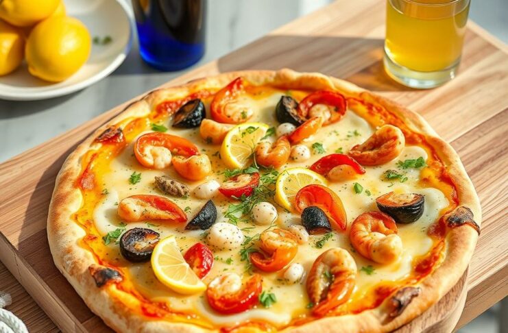 Пицца с морепродуктами и лимонно-чесночным соусом: морской шик дома