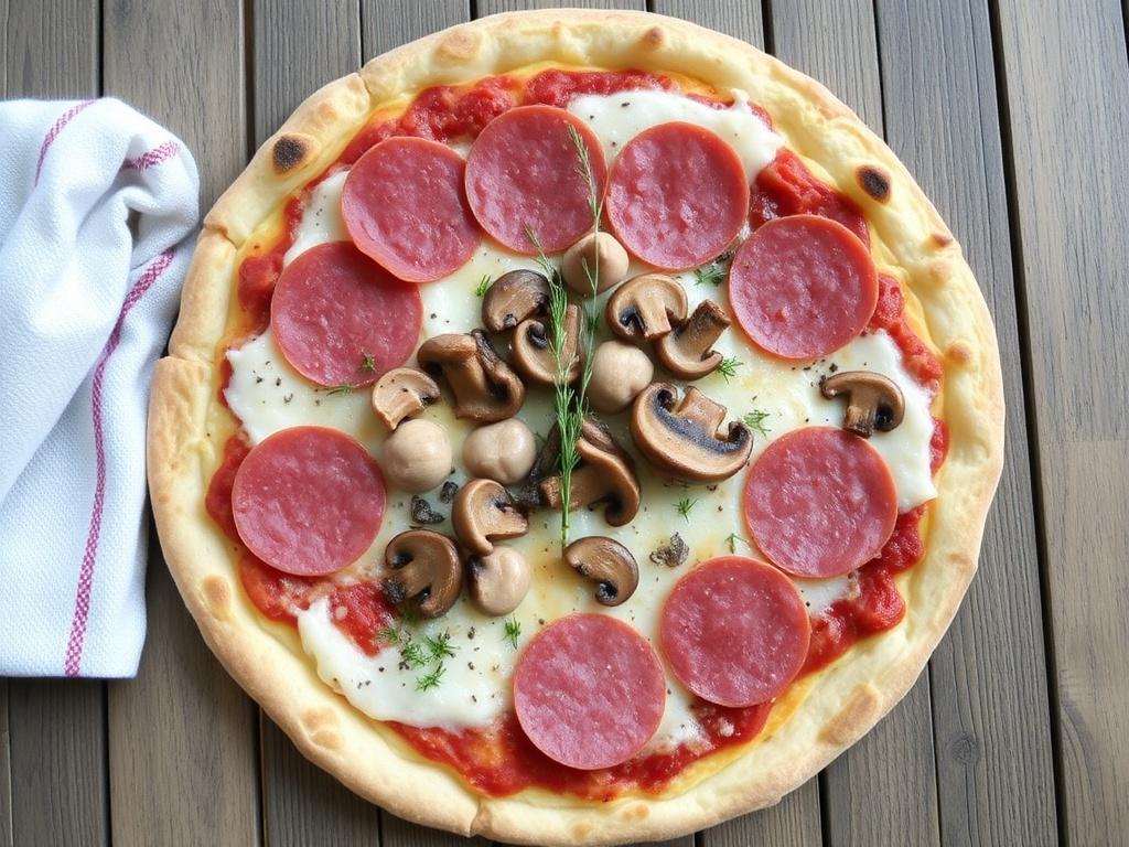 Пицца с салями, грибами и тимьяном: сытный обед для дома, который хочется повторять
