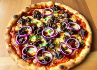 Пицца с говядиной, красным луком и соусом деми‑гляс: ресторанный уровень в домашних условиях