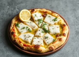 Палтус на пицце: лимонный соус и морское вдохновение